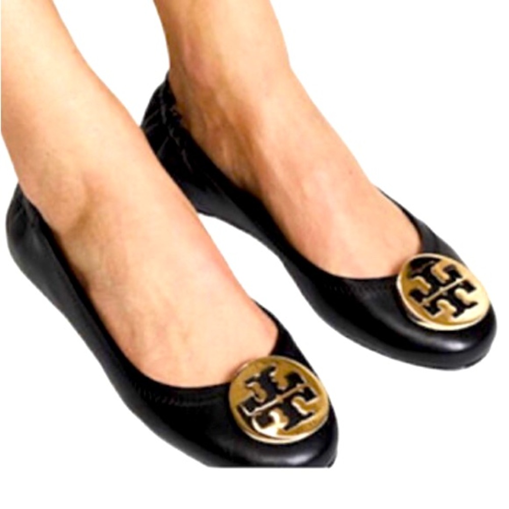 TORY BURCH REVA BALLET FLATS 9 Black Gold Leather Logo Classic